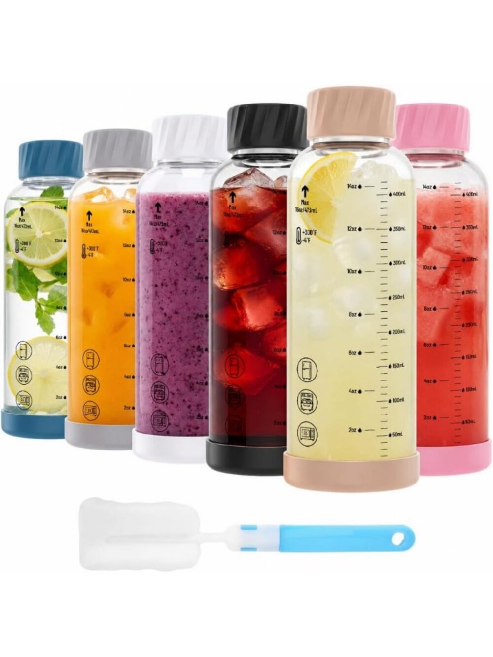 Set of 6 Borosilicate Glass Juice Bottles with Stainless Steel Lids - 16 oz